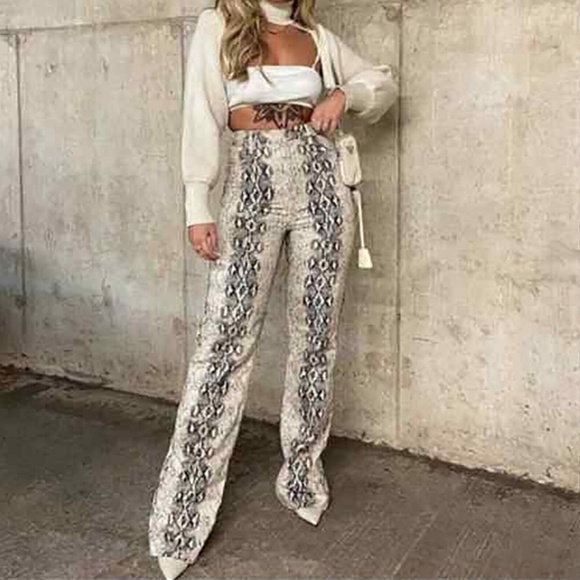 ZARA 90s Wide Leg White Snake Print Pants Jeans High Waist Python - Size 4 - Picture 2 of 12